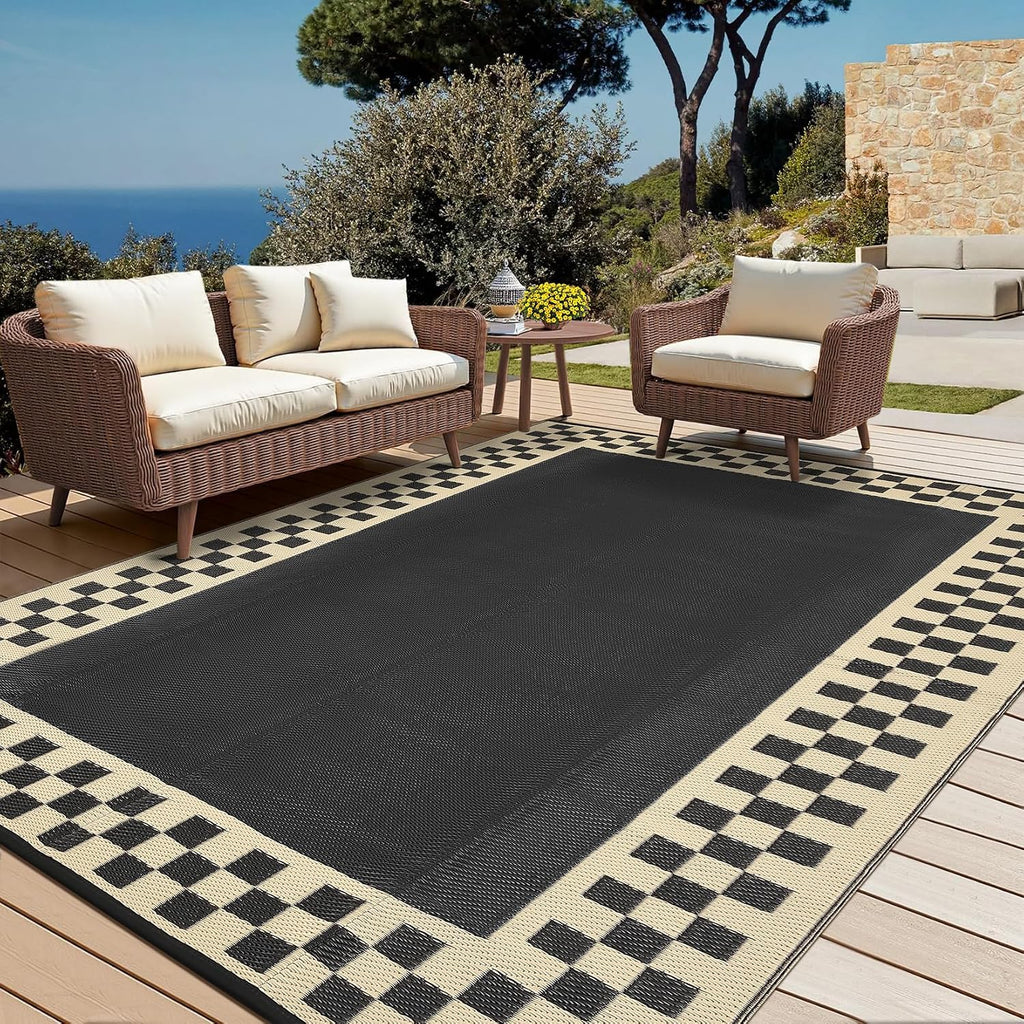 GAOMON Patio Modern Checkered Outdoor Rug 10x14 Waterproof Large Reversible Camping Mat Foldable Lightweight Plastic Straw Outdoor Rug for Deck, Picnic, Porch, Camper, Balcony, Beach, Rv, Black