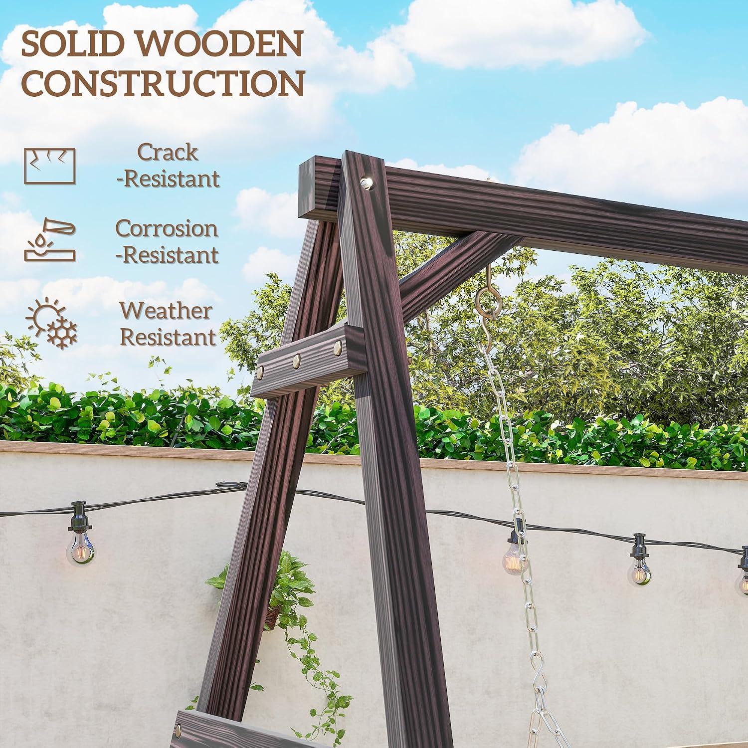 Outsunny 770lbs Porch Swing Frame, Heavy Duty A-Frame Wooden Swing Stand with Reinforced Bars, Freestanding Hanging Chair Stand Only for Porch, Lawn, Garden, Backyard, Carbonized