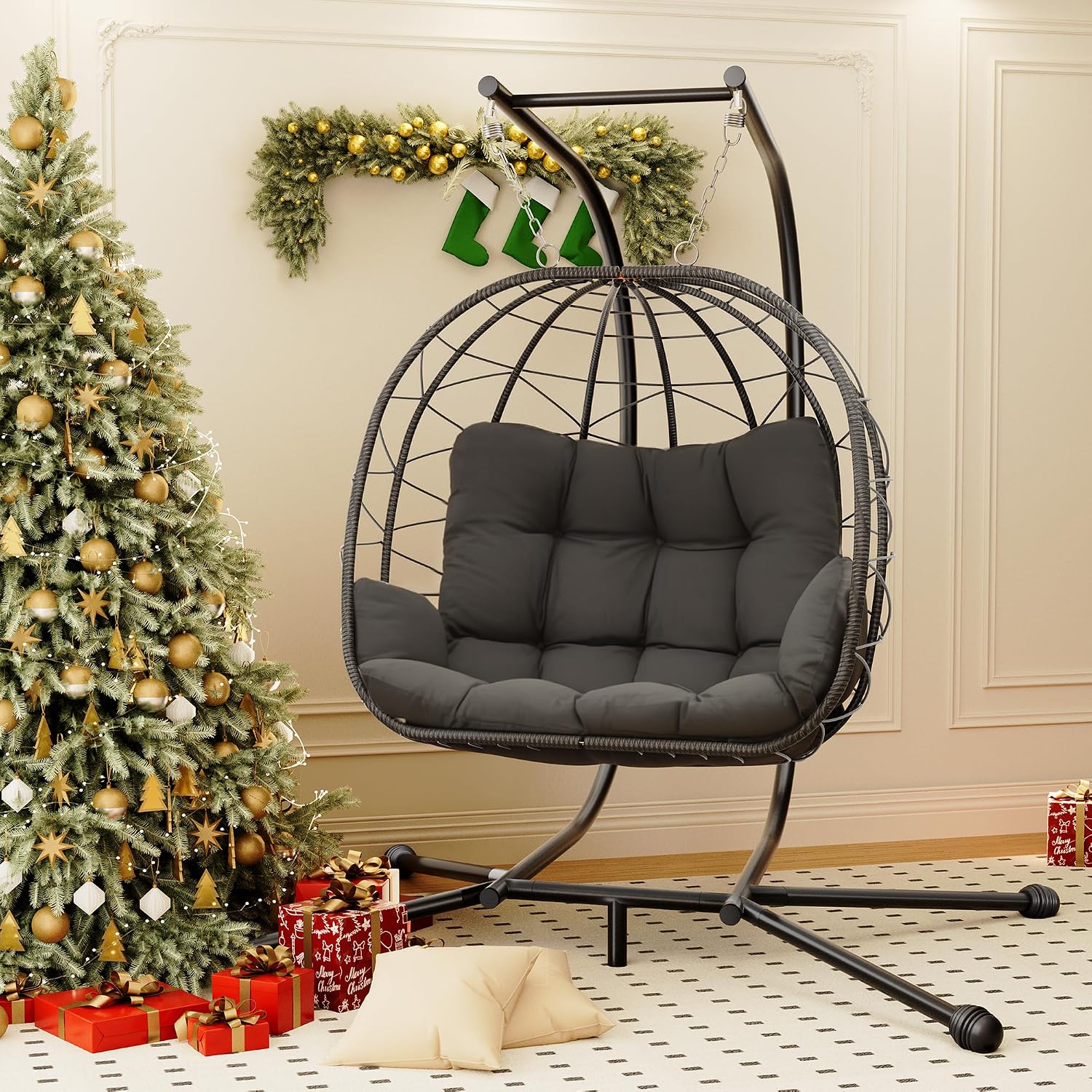 Pamapic Double Egg Chair wth Stand, 700 LBS Loveseat Rattan Swing Chair, UV Resistant Cushions with Armrests and Headrest, Thick Steel Frame Hammock Swing for Outdoor, Patio, Indoor(Grey)
