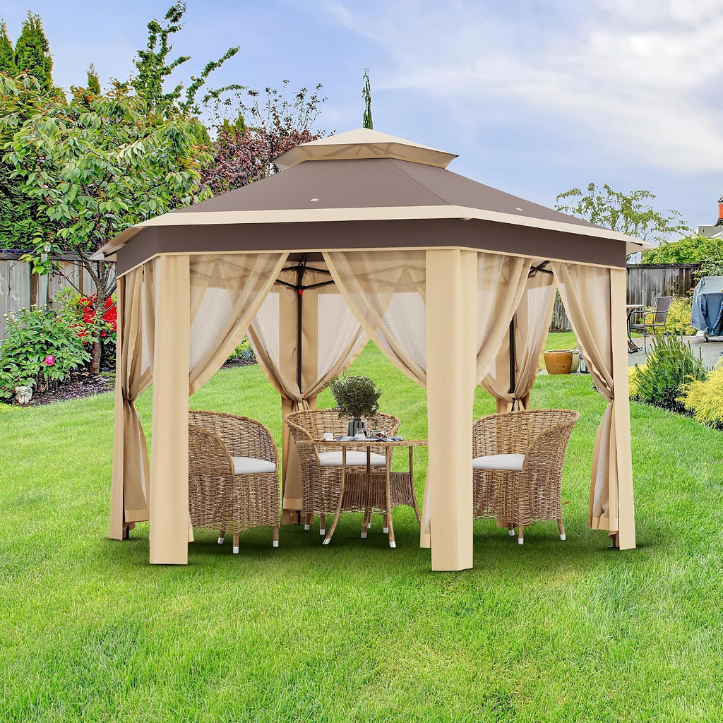 13x13FT Pop Up Gazebo Screen Tent,Hexagonal Instant Gazebo Tent with Mosquito Netting Outdoor Canopy,6 Sided Sun Shelter with Mesh Netting,Pavilion Tents for Lawn, Garden, Backyard & Patio Furniture
