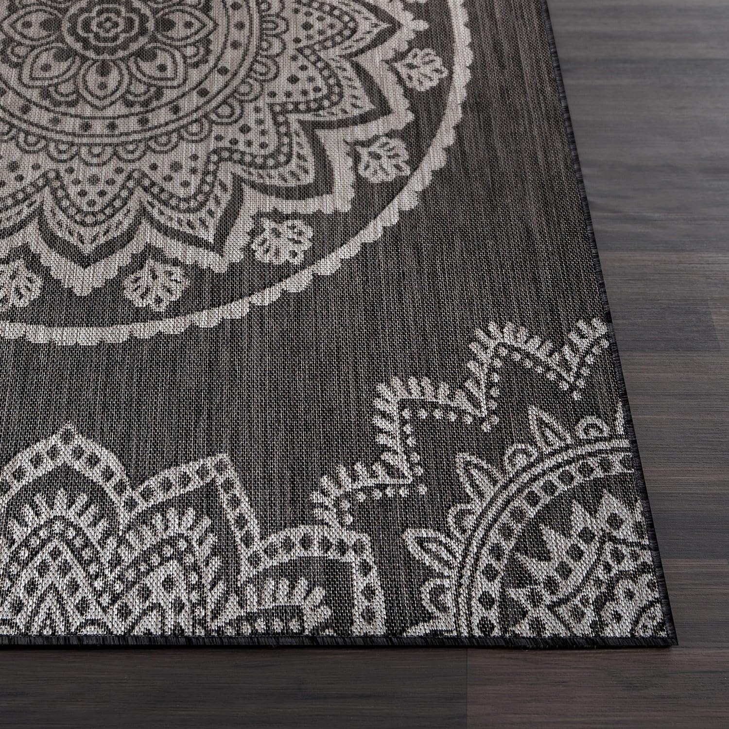 CAMILSON Outdoor Rug 9x12 Modern Area Rugs for Large Indoor and Outdoor Patios and Porches - Washable, Non-Shedding, Easy-to-Clean Outside Carpet (9 x 12, Medallion - Dark Grey/Light Grey)