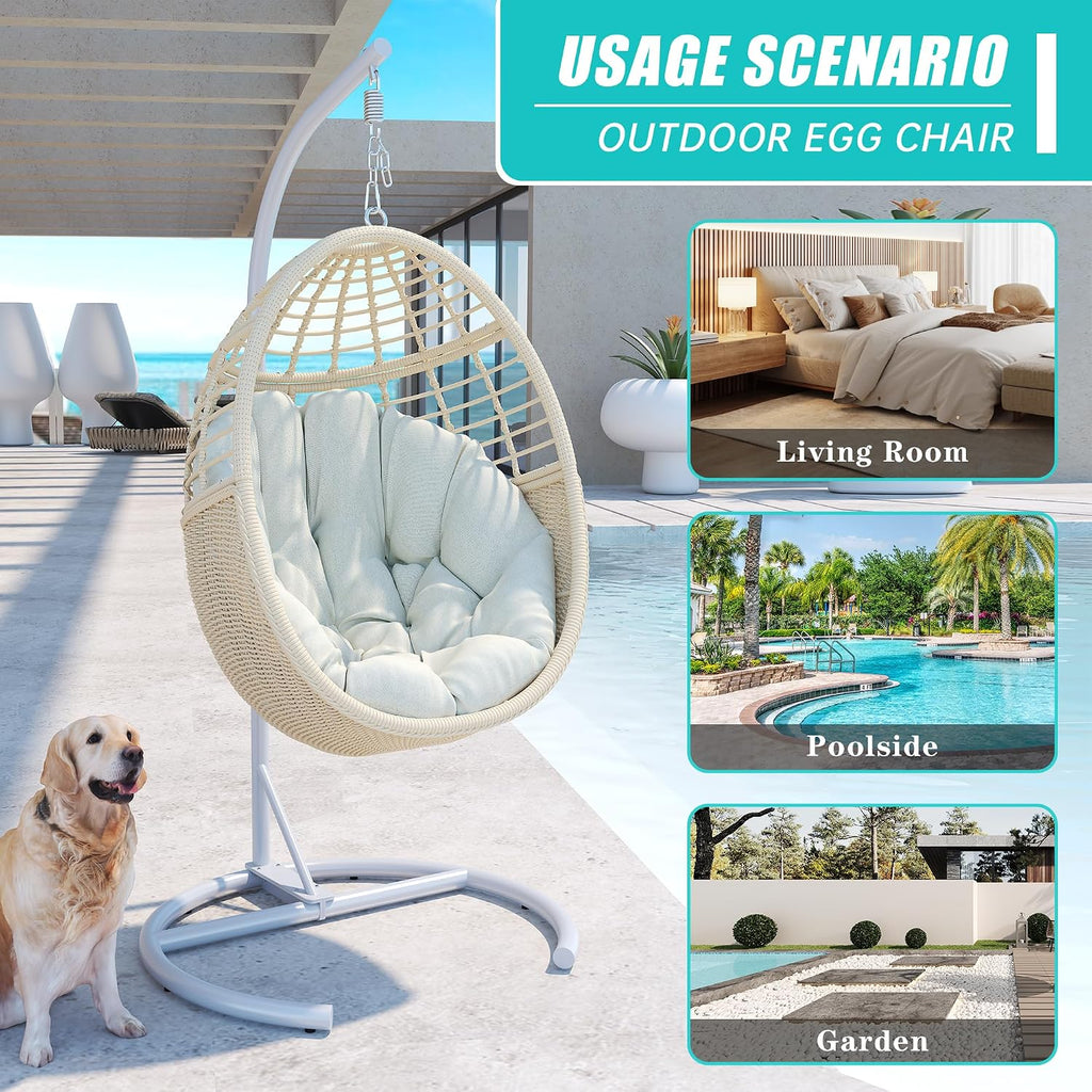 Egg Swing Chair with Stand: Hand Woven PE Rattan Hanging Chairs Hammock - Indoor Outdoor Swinging Lounger with Soft Cushion for 330lbs Patio Balcony Garden Living Room Bedroom Porch, Beige
