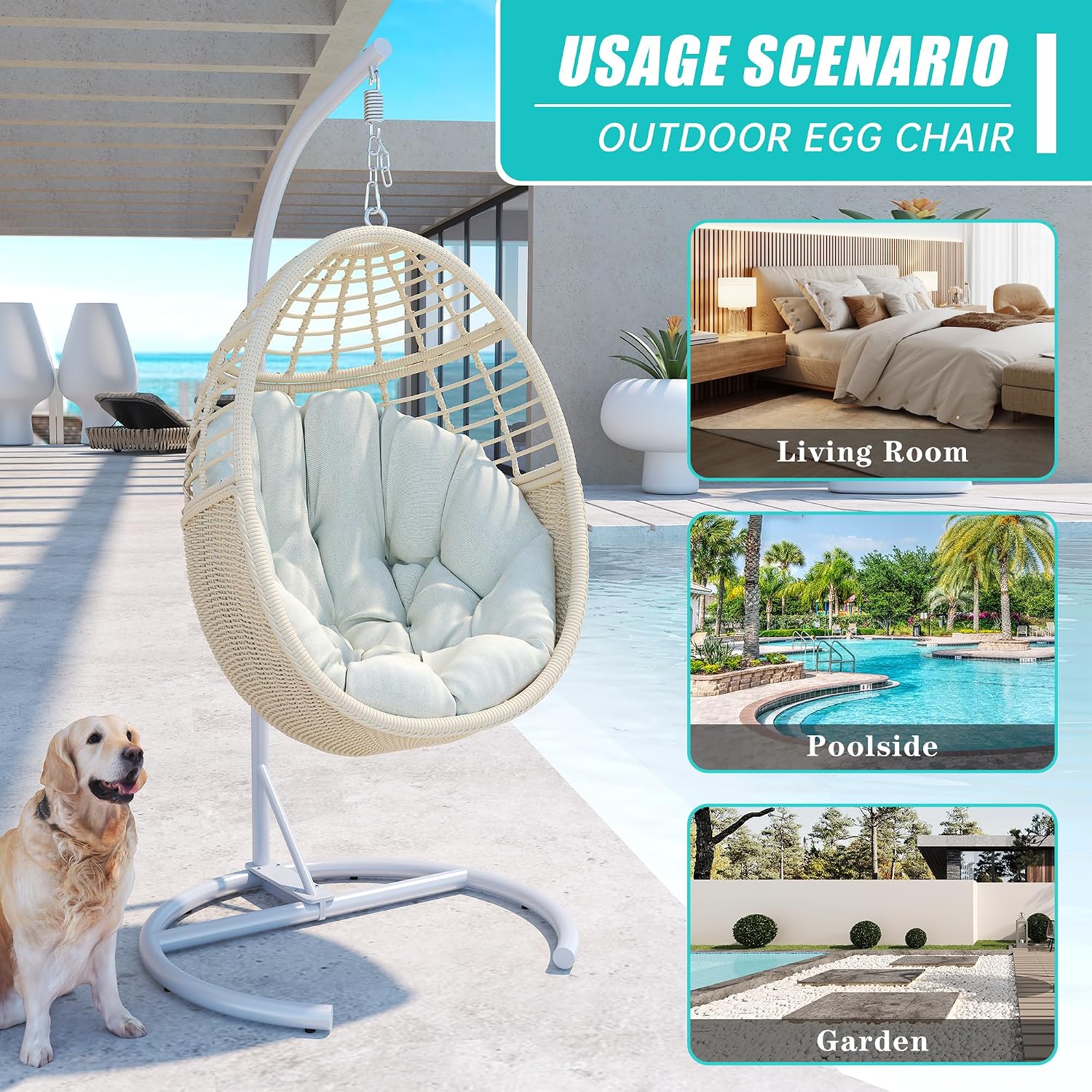 Egg Swing Chair with Stand, Rattan Egg Hanging Hammock Chair with Soft Cushion for 330lbs Patio Balcony Garden Living Room Bedroom Porch Indoor Outdoor, Beige