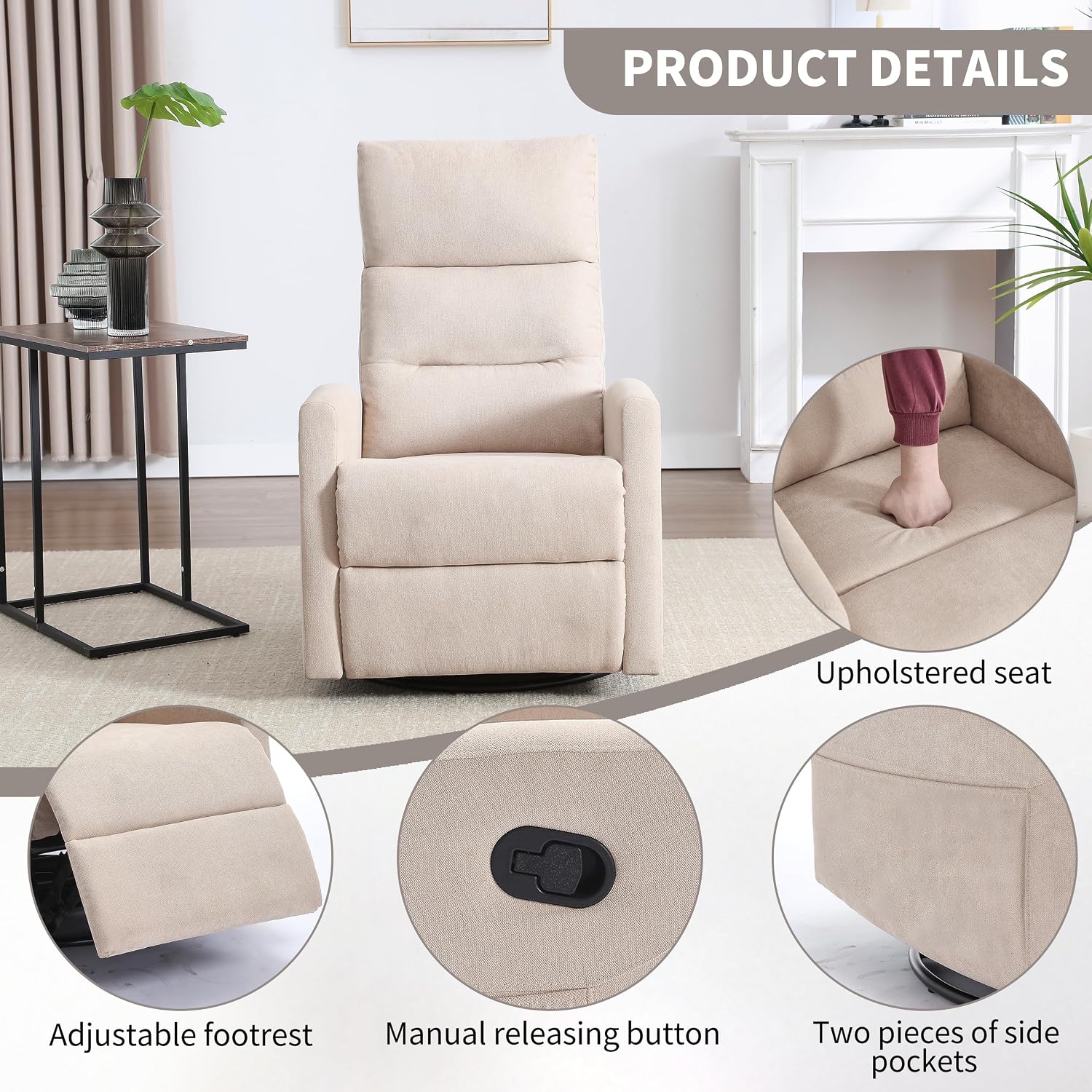 360° Swivel Rocking Chair for Nursery, Manual Glider Chair Nursing Chair with Side Pockets, Polyester Glider for Living Room, Heavy Duty Motion Mechanism, Beige