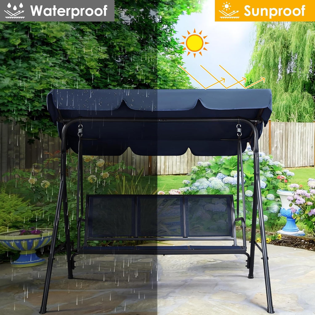 Yaheetech Outdoor Porch Swing Chair for Adults, 3-Seat Patio Sunset Hanging Swing w/Texteline Fabric & Adjustable Canopy & Armrests, Canopy Lounge Chair for Backyard/Garden/Balcony, Blue