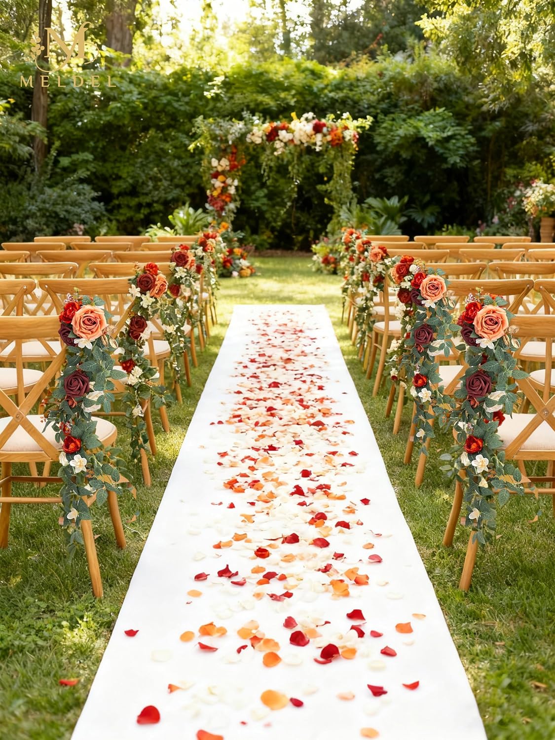 10pcs Wedding Chair Decorations Aisle Floral Swag Artificial Pew Flowers Hanging Garland Burgundy & Orange for Ceremony Reception Church Rose Floral Faux Arrangement Party Outdoor Garden Decor