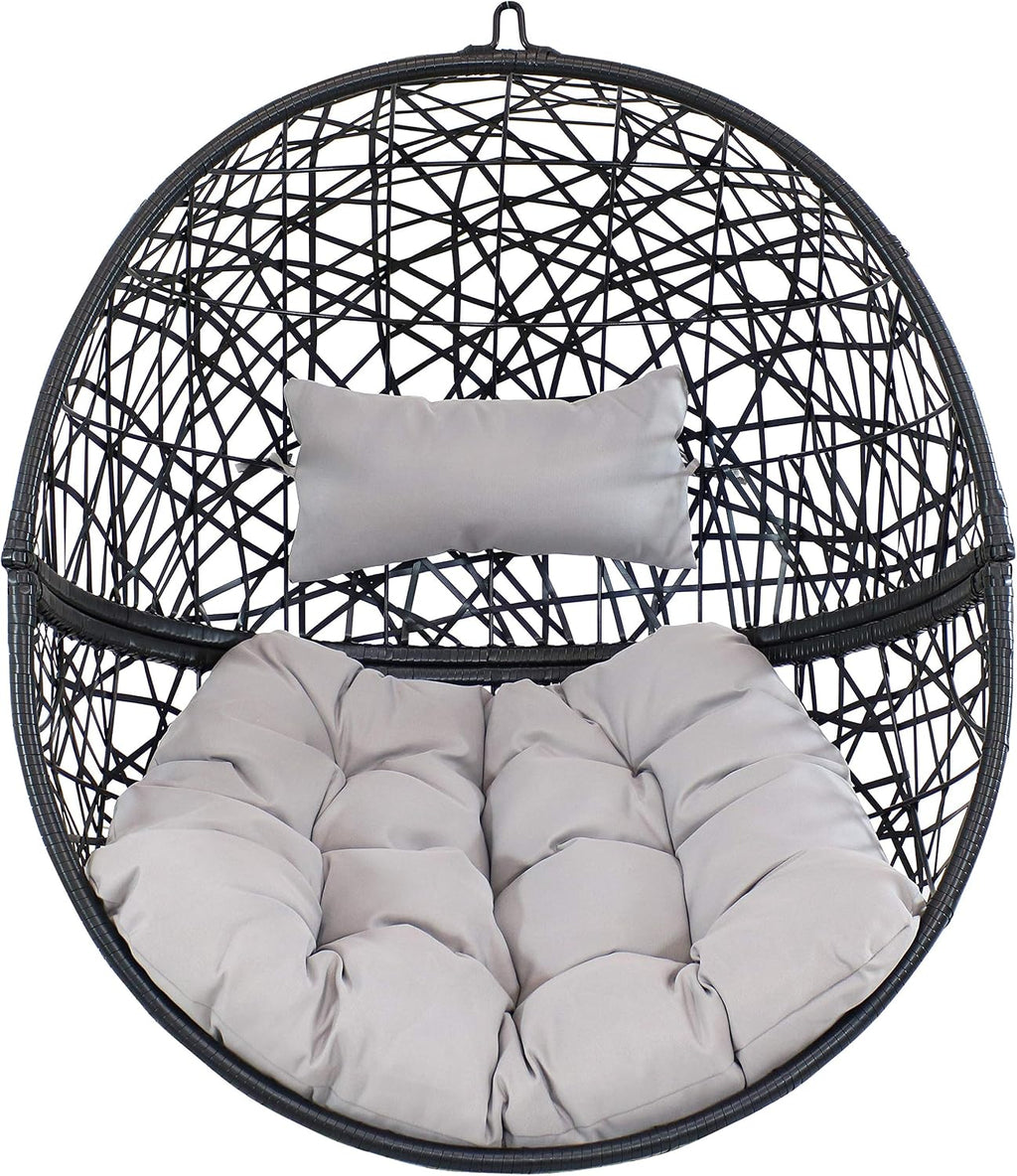 Sunnydaze Jackson Resin Wicker Hanging Egg Chair with Steel Stand - 265-Pound Weight Capacity - Includes Gray Cushions