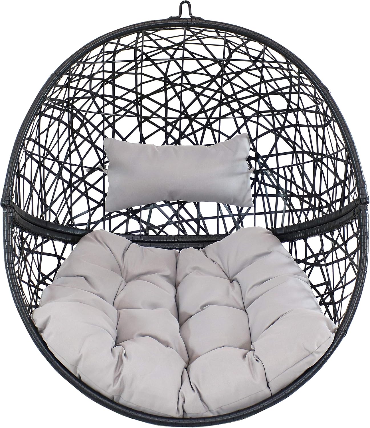 Sunnydaze Jackson Resin Wicker Hanging Egg Chair with Steel Stand - 265-Pound Weight Capacity - Includes Gray Cushions