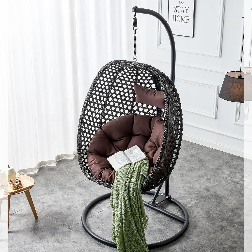 Egg Swing Chair Outdoor with Stand, Hanging Egg Rattan Basket Chair with Cushion and Pillow, Lounge Chair, Foldable Basket and Metal Stand for Porch, Patio, Bedroom, Balcony,Yard (Black)