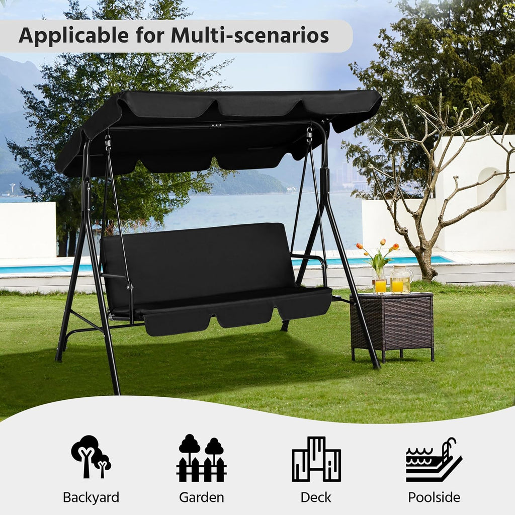 Yaheetech 3-Seat Patio Swing Chair, Outdoor Canopy Porch with Adjustable Canopy & Removable Cushion, Hanging Glider Lounge Chair for Patio, Garden, Yard, Porch - Black