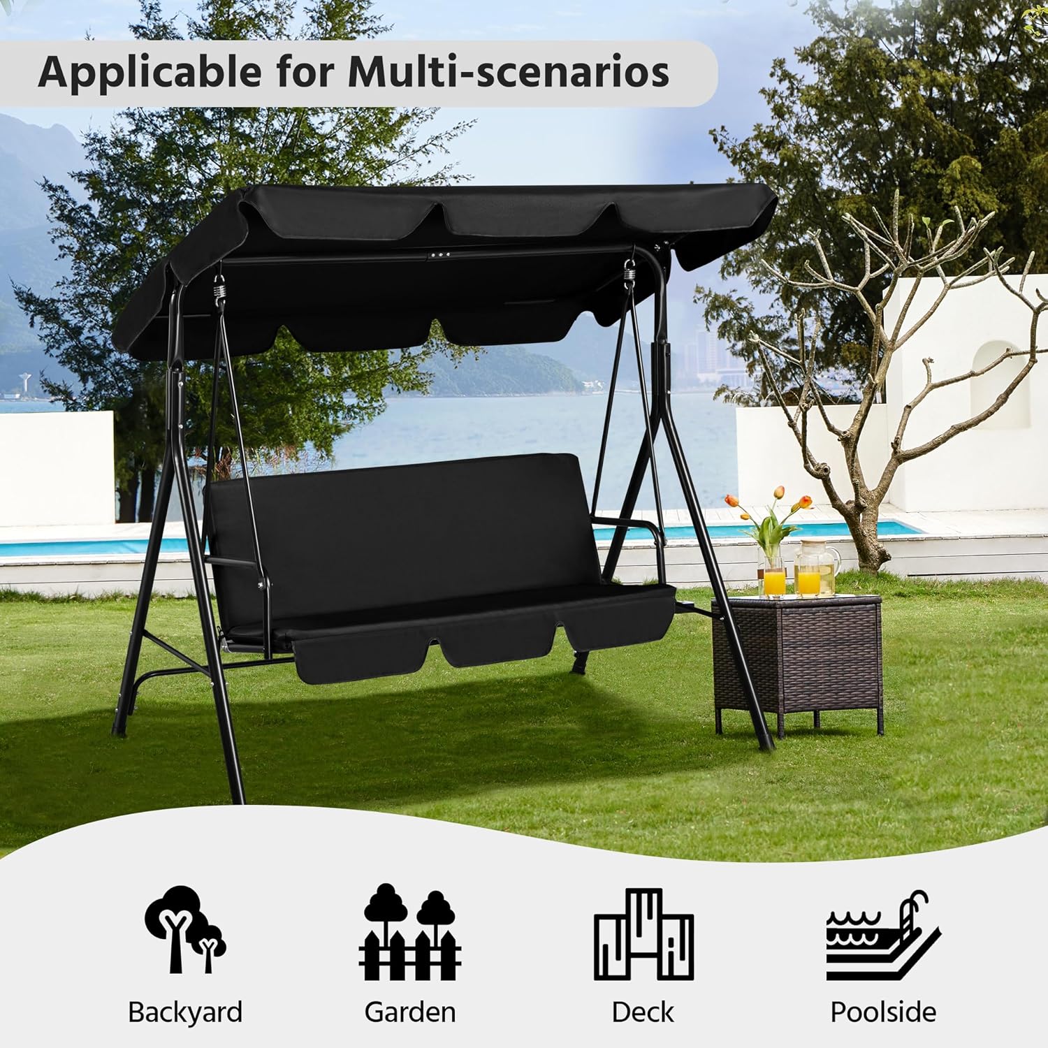 Yaheetech 3-Seat Patio Swing Chair, Outdoor Canopy Porch with Adjustable Canopy & Removable Cushion, Hanging Glider Lounge Chair for Patio, Garden, Yard, Porch - Black