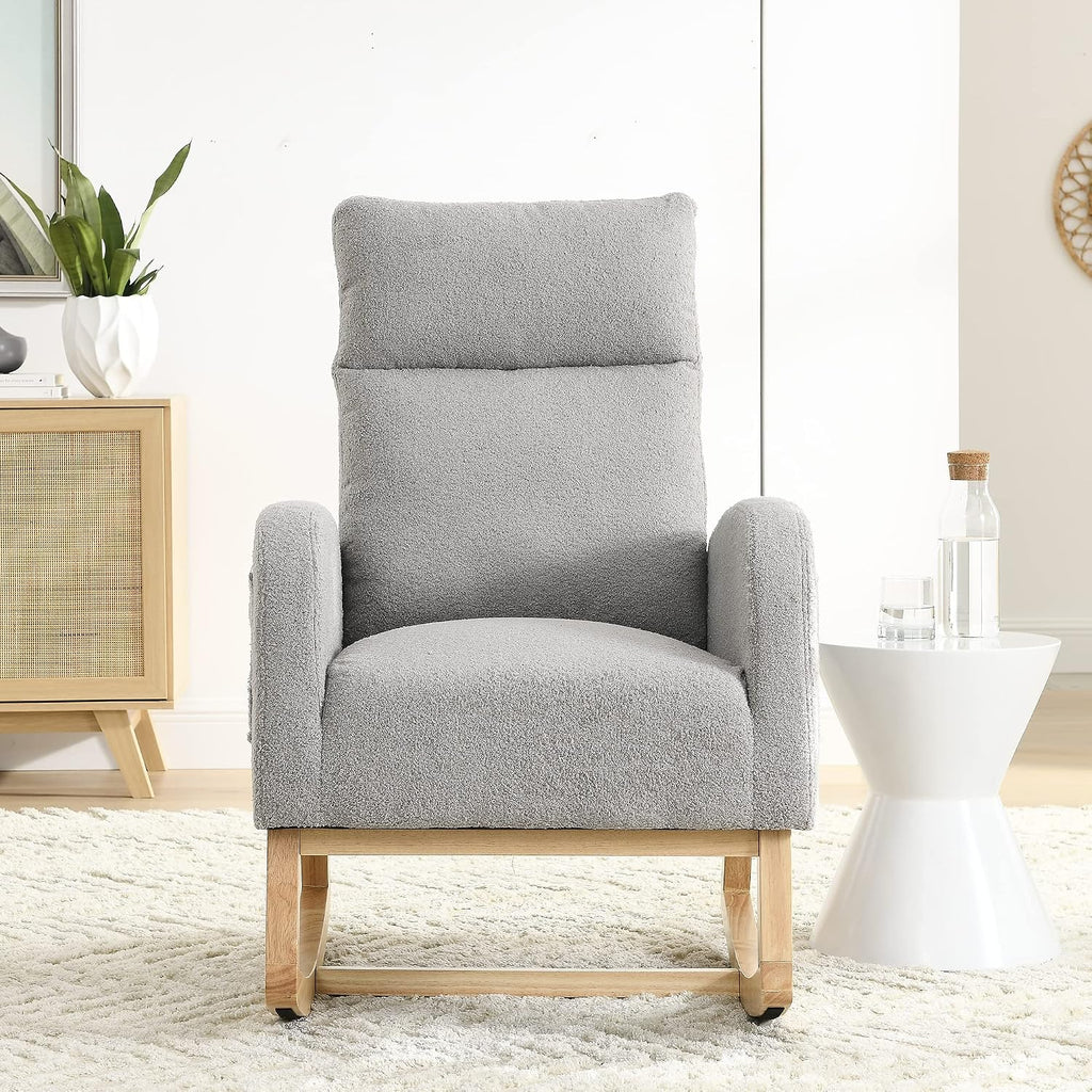 Nursery Rocking Chair with Solid Wood Legs, Glider Chair for Nursery with Two Side Pockets, Rocker Armchair for Living Room Bedroom (Grey, Teddy Fabric)