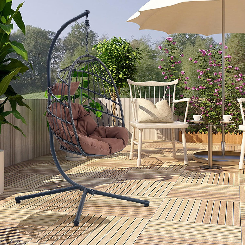 Egg Swing Chair with Stand, Indoor Outdoor Hanging Egg Chair with Thickened Metal Frame and Cushion, Patio Wicker Swinging Hammock Chair for Bedroom, Porch, Garden, Balcony (Black)