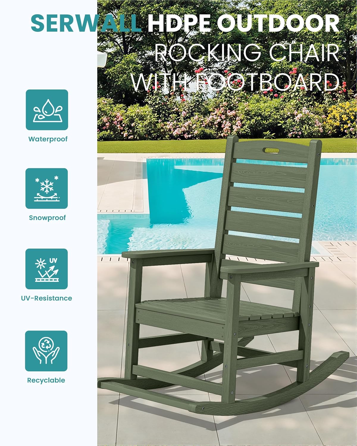 SERWALL Outdoor Rocking Chair, Oversized Rocking Chair with Footrest for Adults, HDPE All Weather Resistant Rocking Chairs for Patio, 350lbs Weight Capacity, Avocado Green