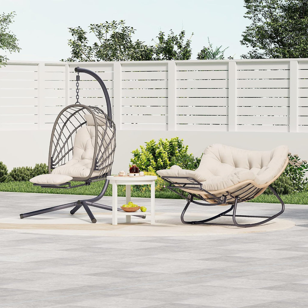 Outdoor Egg Swing Chair with Stand and Footrest, Comfy Patio Hammock Hanging Rocking Egg Chair with Cushion for Bedroom Indoor, Dark Gray (Beige)