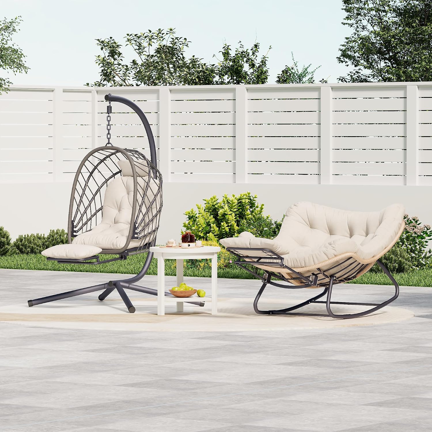 Outdoor Egg Swing Chair with Stand and Footrest, Comfy Patio Hammock Hanging Rocking Egg Chair with Cushion for Bedroom Indoor, Dark Gray (Beige)