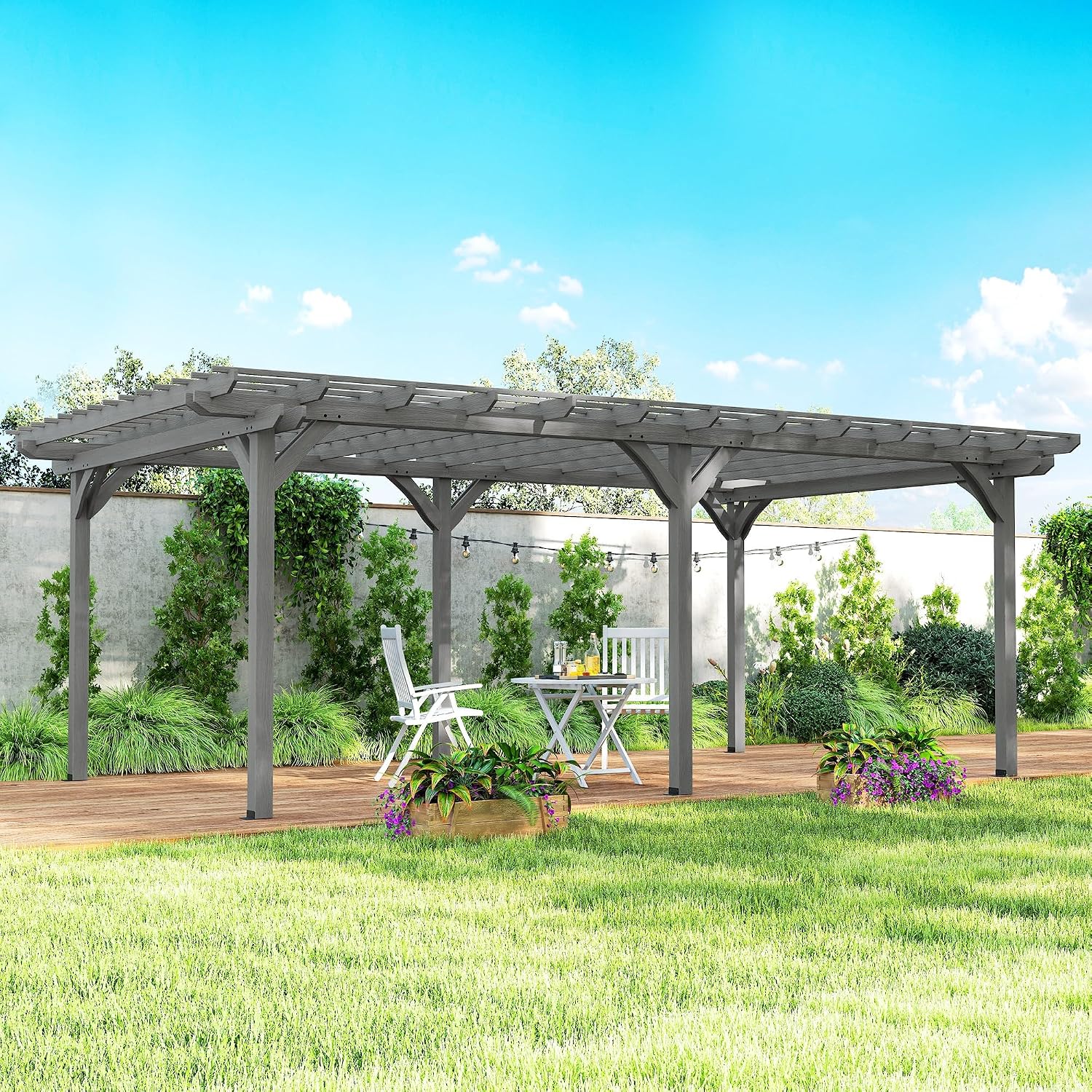 Outsunny 12' x 20' Outdoor Pergola, Wood Gazebo Grape Trellis with Stable Structure for Climbing Plant Support, Garden, Patio, Backyard, Deck, Gray