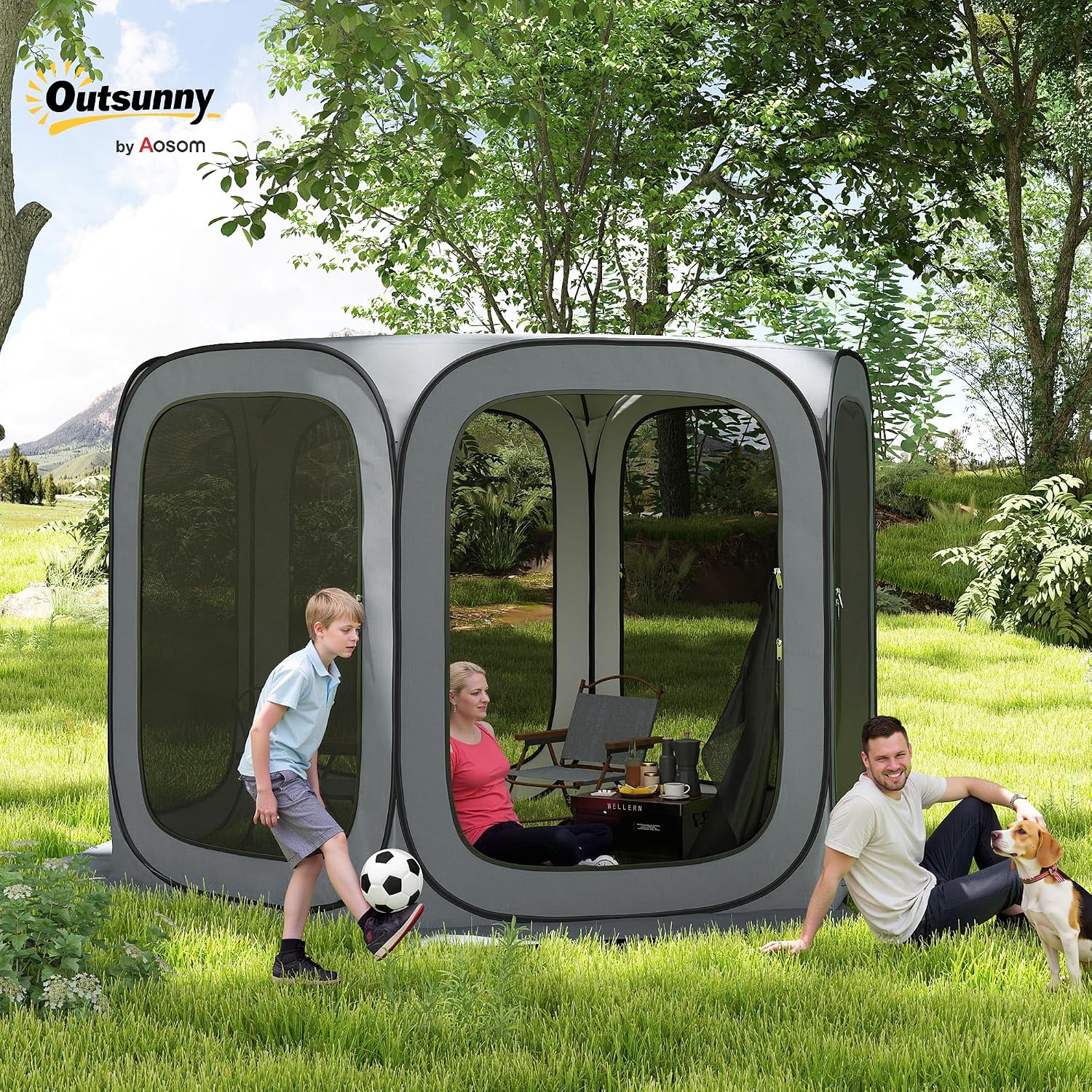 Outsunny 11 x 11ft Pop Up Screen Tent, Portable Camping Gazebo Canopy Screen House with UPF50+ Oxford Cloth and Carry Bag for Patio, Backyard, Deck and Outdoor Activities