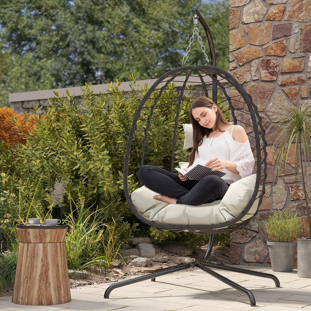 Egg Chair with Stand, Patio Wicker Hanging Chair, Hammock Swing Chair, 350LBS Capacity for Bedroom, Balcony(BR-BE)