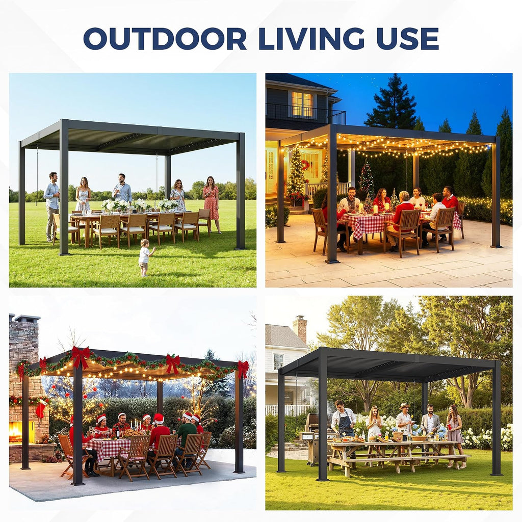 Louvered Pergola 10'x12', Full Metal Outdoor Pergola with Adjustable Proof and Gutter System, Metal Hardtop Gazebo for Patio, Deck, Garden, Yard, Dark Gray