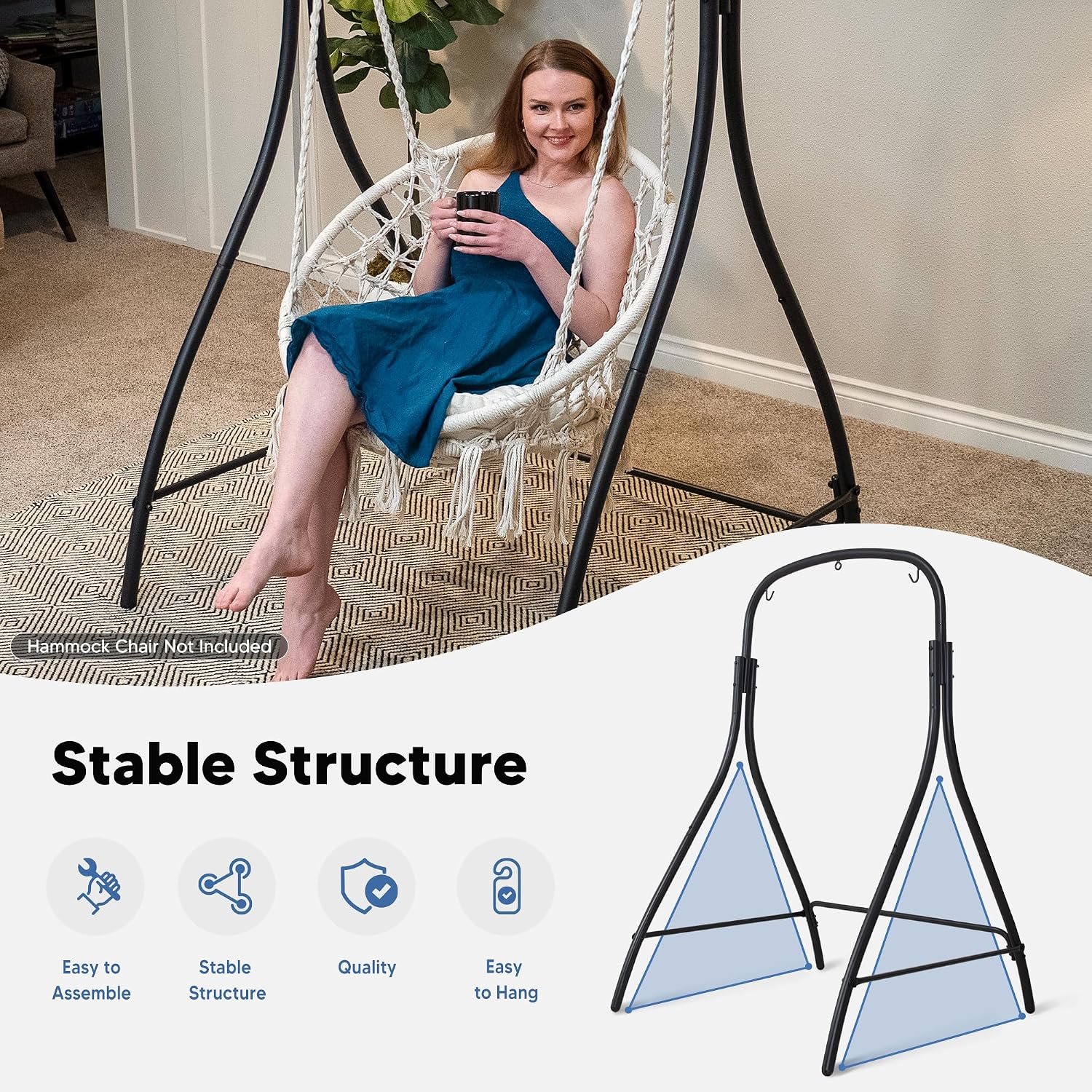 SUNCREAT Hammock Chair Stand, Heavy-Duty Steel Hammock Stand, 400 lbs Capacity, Adjustable Height, Dual-use Swing Stand for Outdoor Indoor, Hammock Chair not Included, Black