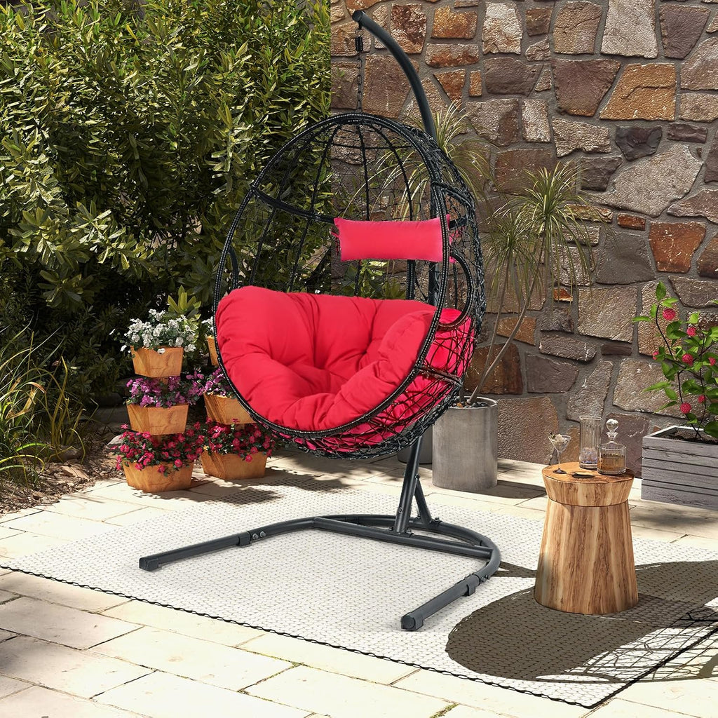 Tangkula Egg Chair with Stand, Hanging Egg Swing Chair with Removable Seat Cushion & Headrest, All-Weather Indoor Outdoor Hanging PE Wicker Egg Chairs for Outside, Balcony, Bedroom (Red)