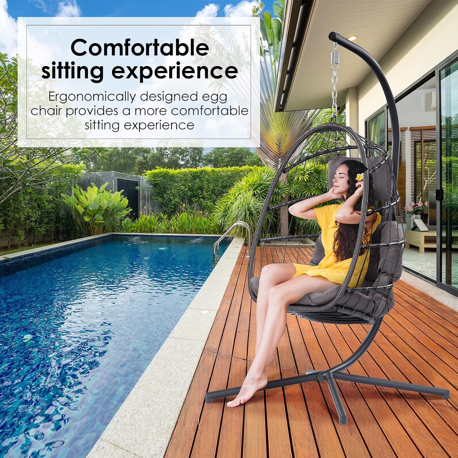 XIAO WEI Egg Chair with Stand - Patio Rattan Wicker Hanging Swing Egg Chair Hammock Chair for Indoor Outdoor Bedroom Garden - Aluminum Steel Frame and UV Resistant Cushion 350LBS Capacity (Dark Grey)
