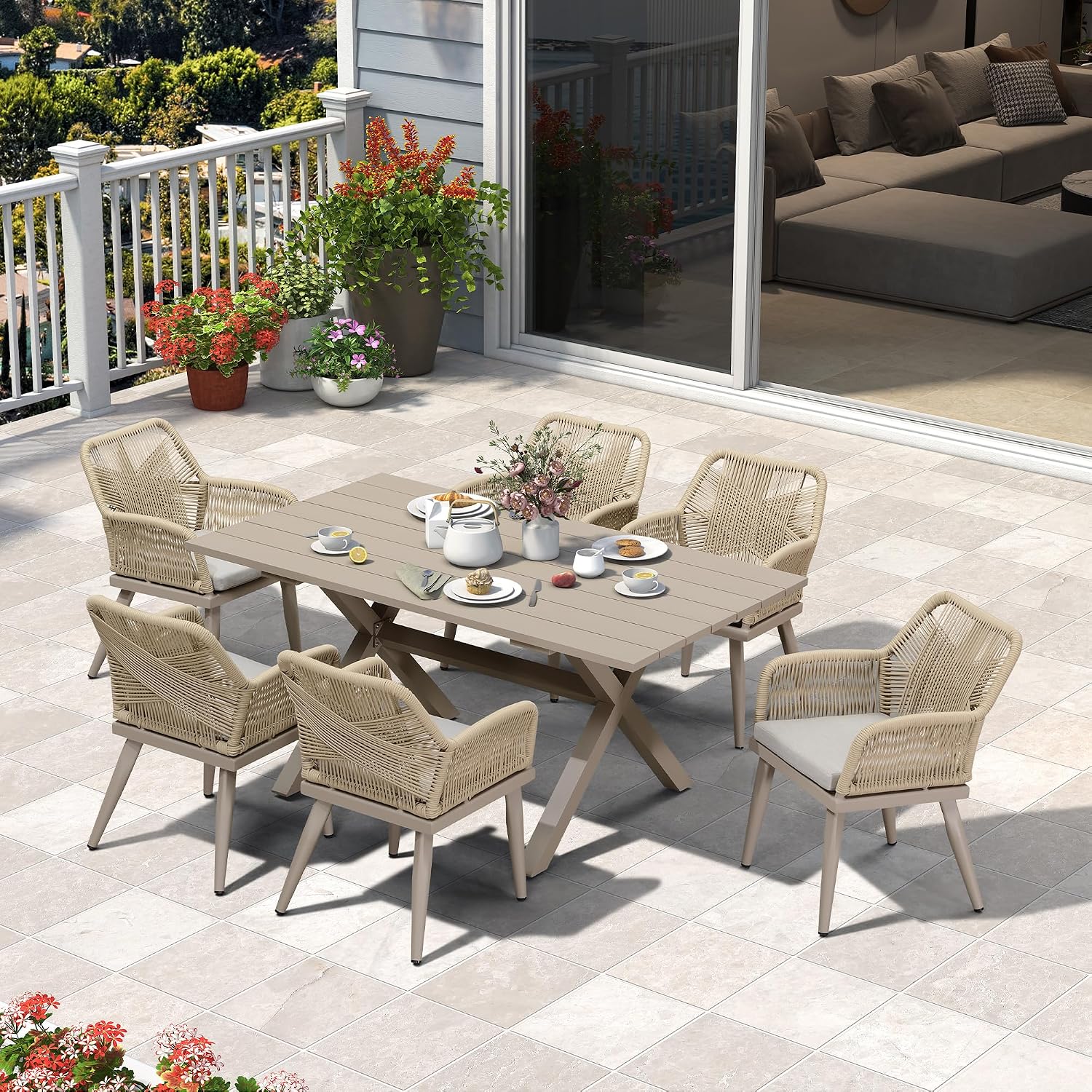 PURPLE LEAF 10' x 14' Outdoor Hardtop Gazebo with 7 Pieces Outdoor Dining Set, Champagne Aluminum Gazebo with Galvanized Steel Double Roof, Curtains and Netting for Patio Lawn and Garden