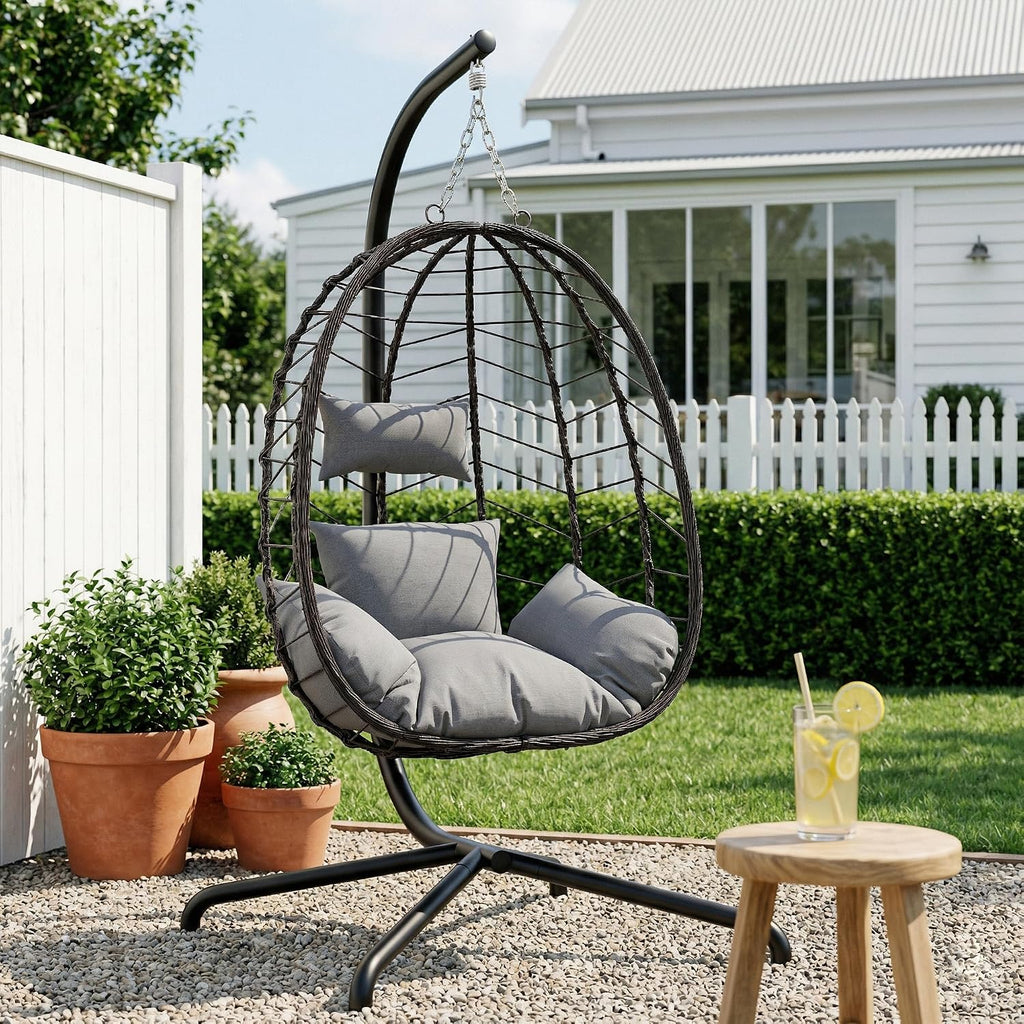 LEX CRAFT Hanging Egg Chair with Stand, Swinging Egg Chair Outdoor Indoor, Hanging Basket Chair with Cushion, Patio Wicker Hammock Chair 350lbs Capacity for Porch, Balcony, Backyard, Garden (Grey1)