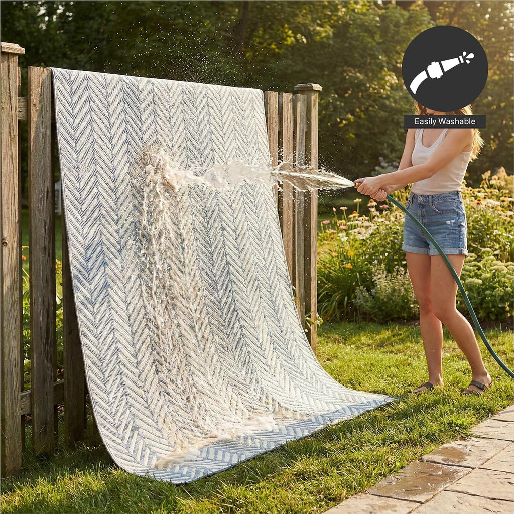 FH Home Outdoor Camping Rug - Waterproof, Fade Resistant, Reversible - Premium Recycled Plastic - Herringbone - Large Patio, Deck, Sunroom, RV - Fresno - Light Blue - 9 x 18 ft Foldable