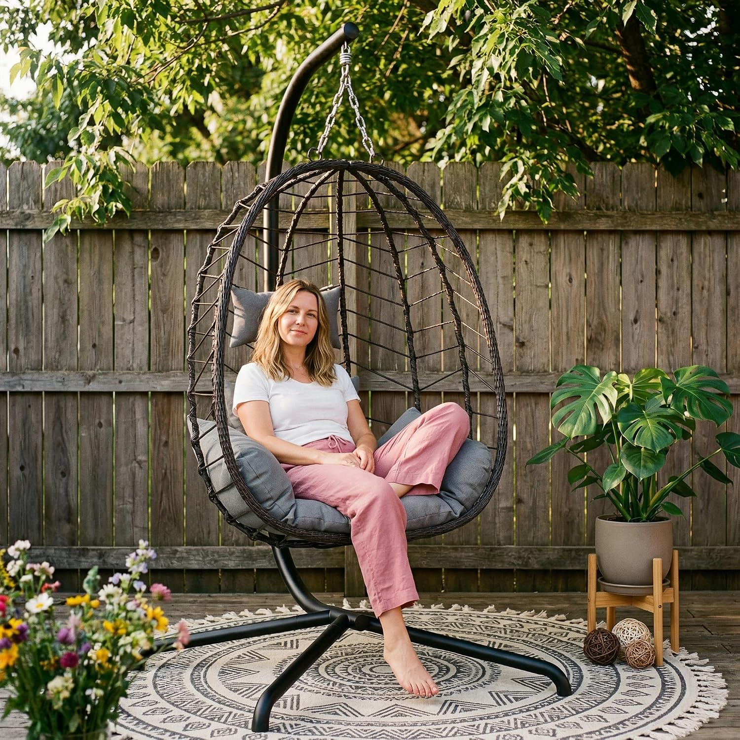 LEX CRAFT Hanging Egg Chair with Stand, Swinging Egg Chair Outdoor Indoor, Hanging Basket Chair with Cushion, Patio Wicker Hammock Chair 350lbs Capacity for Porch, Balcony, Backyard, Garden (Grey1)