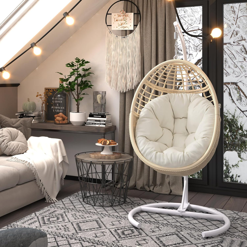 Egg Swing Chair with Stand, Rattan Egg Hanging Hammock Chair with Soft Cushion for 330lbs Patio Balcony Garden Living Room Bedroom Porch Indoor Outdoor, Beige