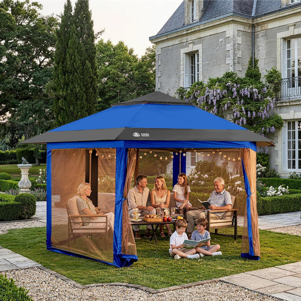 CROWN SHADES 12x12 Pop Up Gazebo with Mosquito Nettings, Patented Center Lock 6-Sided Portable Gazebo, 300D Silver-Coated Fabric UV Resistant, Pop Up Canopy Tent for Patio, Party, Blue&Light Grey