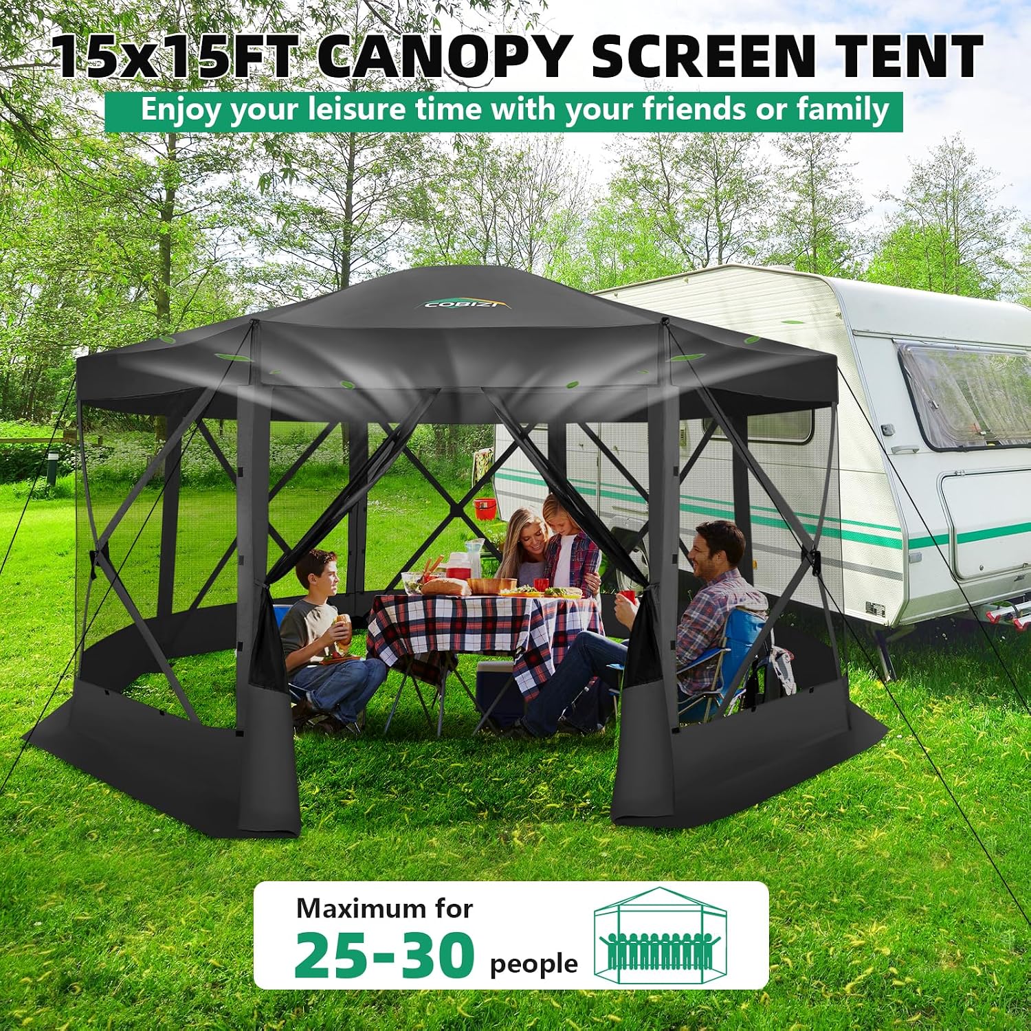 COBIZI Pop Up Gazebo Screen Tent Screen House for Camping, 15x15 Screen Room with Mosquito Netting, Hub Tent Instant Screened Canopy with Carrying Bag and Ground Stakes, Black