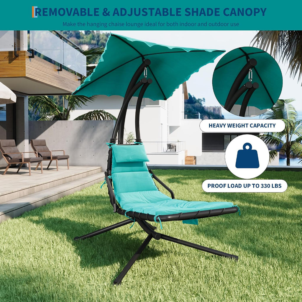 Hanging Chaise Lounge Swing Chair, Hanging Curved Chaise Lounge Chair Umbrella, Curved Steel Hammock Lounger Chairs for Outdoor Indoor Patio Pool Garden Backyard Porch