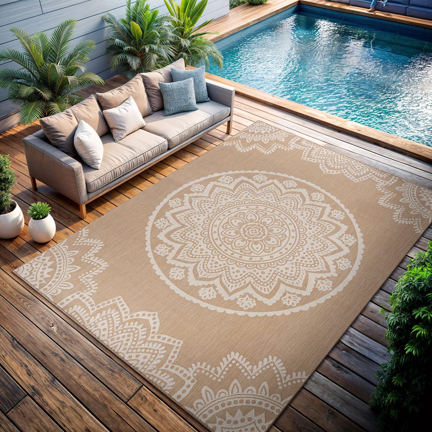 CAMILSON Outdoor Rug 9x12 Modern Area Rugs for Large Indoor and Outdoor Patios and Porches - Waterproof Washable Non-Shedding Easy-to-Clean Outside Carpet (9 x 12, Medallion - Beige/White)
