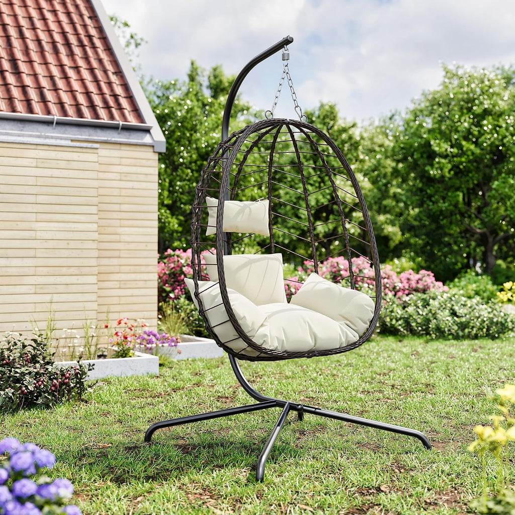 Egg Chair with Stand, Patio Wicker Bifanuo Hanging Chair, Hammock Swing Chair, 350LBS Capacity for Bedroom, Balcony, Garden(BR-BE)