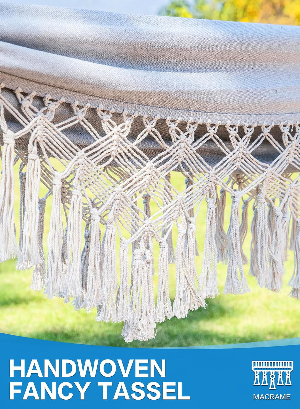 PNAEUT Handmade Tassel Hammocks, Double Hammock with Stand for Outside, Max 450 lbs Capacity, Pillow & Storage Bag Included (Grey)
