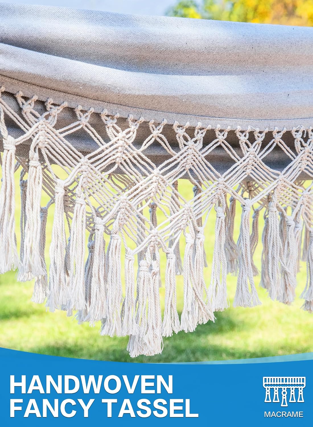 PNAEUT Handmade Tassel Hammocks, Double Hammock with Stand for Outside, Max 450 lbs Capacity, Pillow & Storage Bag Included (Grey)