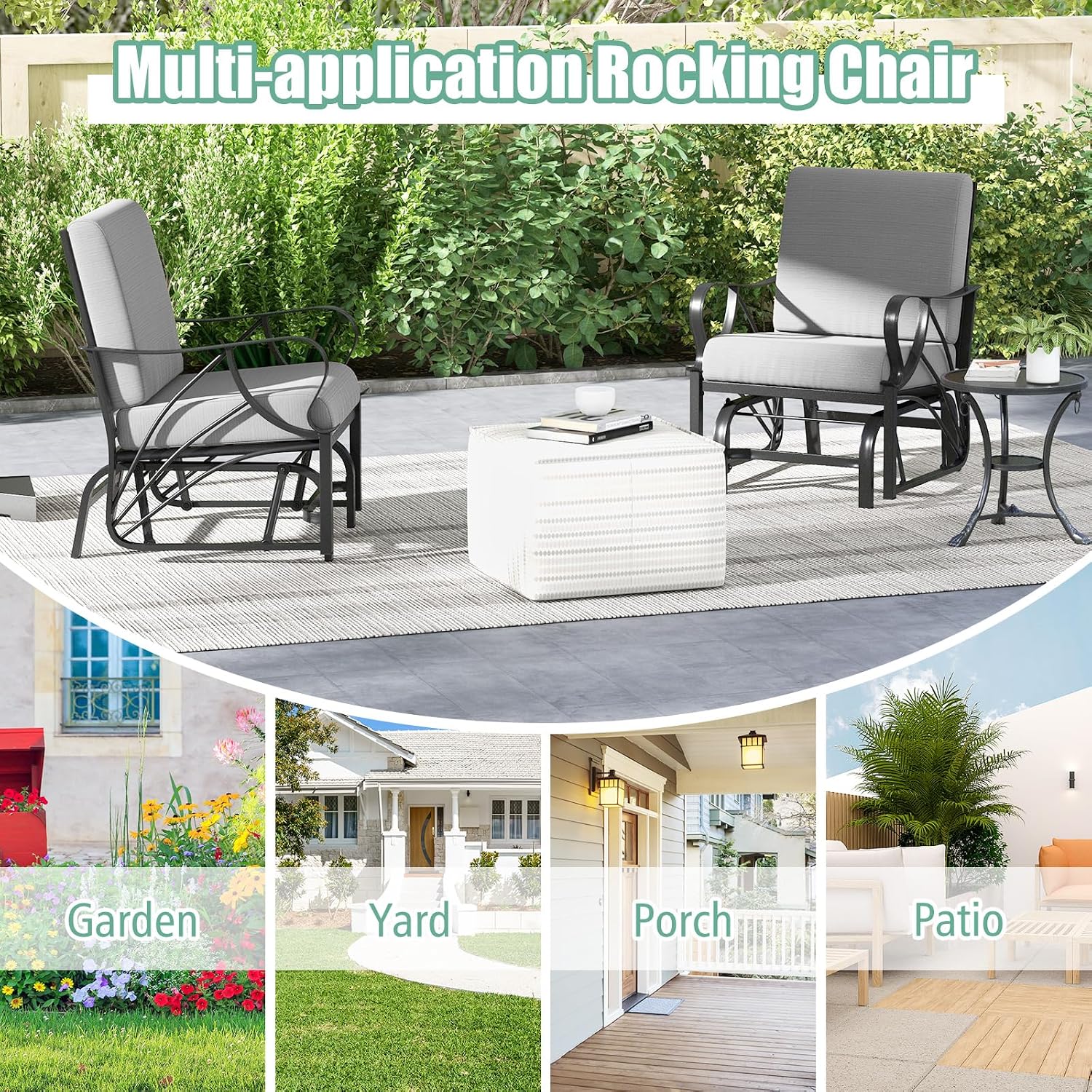 Giantex Outdoor Glider, Patio Rocking Chair with Thick Cushion, Sturdy Metal Frame, Curved Armrest, Ergonomic Design, Single-Person Glider Chair for Garden, Yard, Porch Rocker, Grey