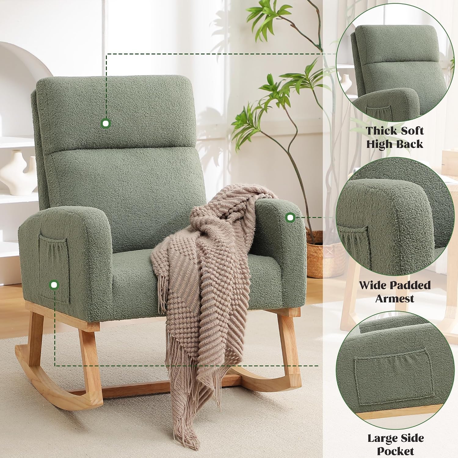 HCHAIRH Rocking Chair Nursery, Boucle Teddy Nursing Rocking Chairs, Upholstered Nursery Glider Rocker for Mom Nursery Morden Accent Rocking Chair with Side Pocket for Living Room,Bedroom, Green