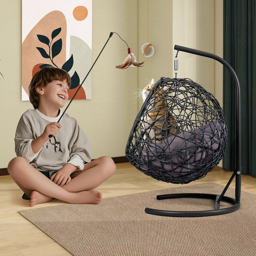 Cat Swing Bed with Aluminum-Steel Stand & Soft Cushion, Cat Egg Chair with HDPE Rattan Wicker Appearance, Indoor Hanging Pet Bed for Kitten, Puppy, Small Dogs (Grey, Hemispherical)