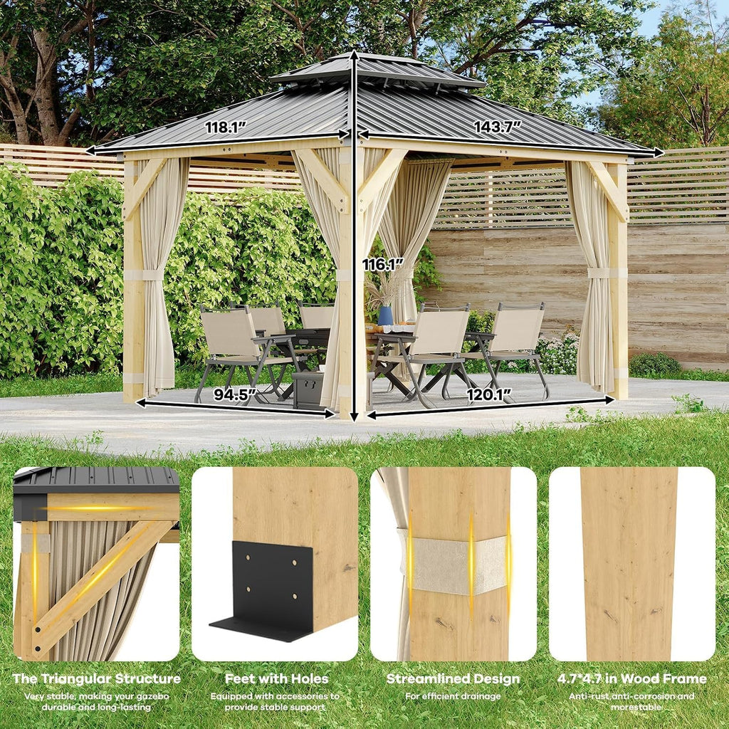 10 * 12FT Hardtop Gazebo Outdoor Wood Gazebo Canopy Shelter with 4-Post Wooden, Netting & Curtains Double-Top Design for Patio Backyard Garden Wedding Party
