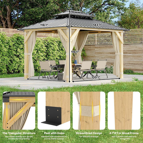 10 * 12FT Hardtop Gazebo Outdoor Wood Gazebo Canopy Shelter with 4-Post Wooden, Netting & Curtains Double-Top Design for Patio Backyard Garden Wedding Party