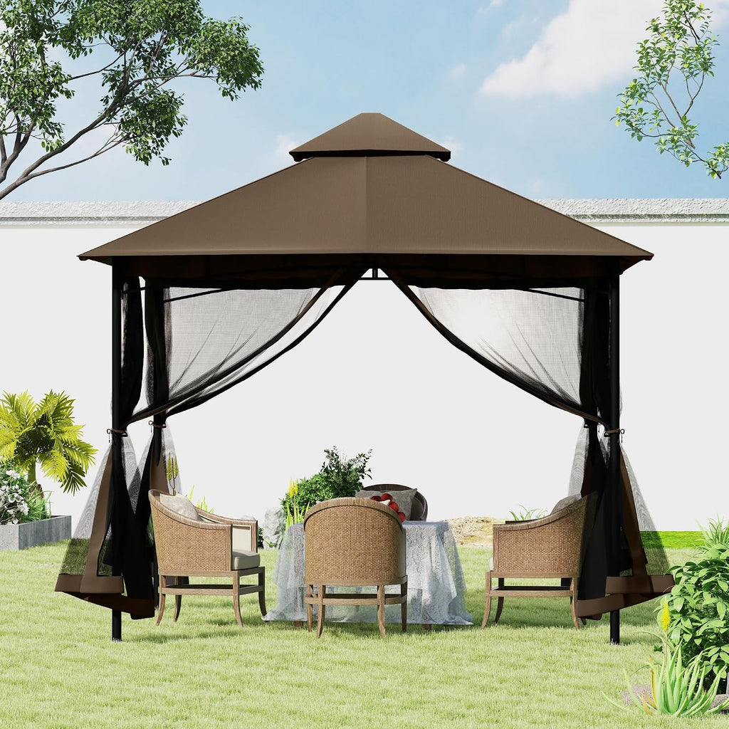 HAPPATIO Patio Gazebo 12' X 12', Ventilated Double Roof & Mosquito Netting, Outdoor Gazebo with Metal Frame, Soft Top Canopy for Backyard, Deck, Poolside, Brown