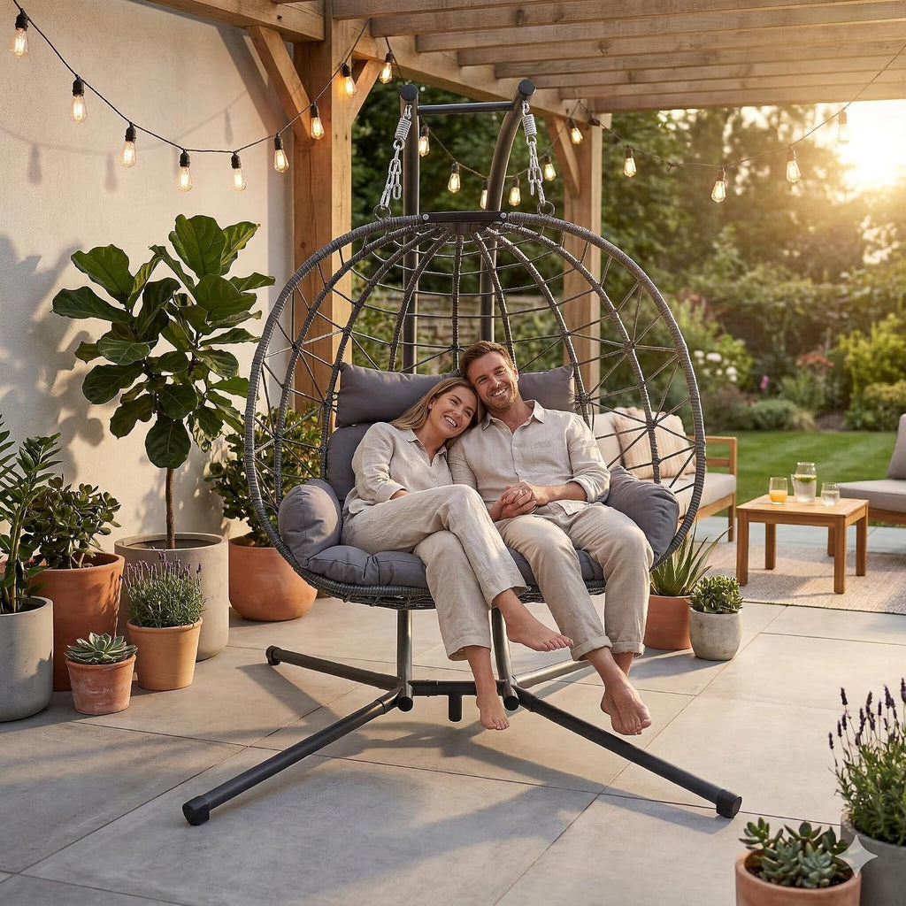 JOYBASE Double Swing Egg Chair with Stand, 2-Person Hanging Egg Chair Wicker Rattan Oversized Swinging Chair for Outdoor Indoor Garden Patio (Light Grey)