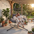 JOYBASE Double Swing Egg Chair with Stand, 2-Person Hanging Egg Chair Wicker Rattan Oversized Swinging Chair for Outdoor Indoor Garden Patio (Light Grey)