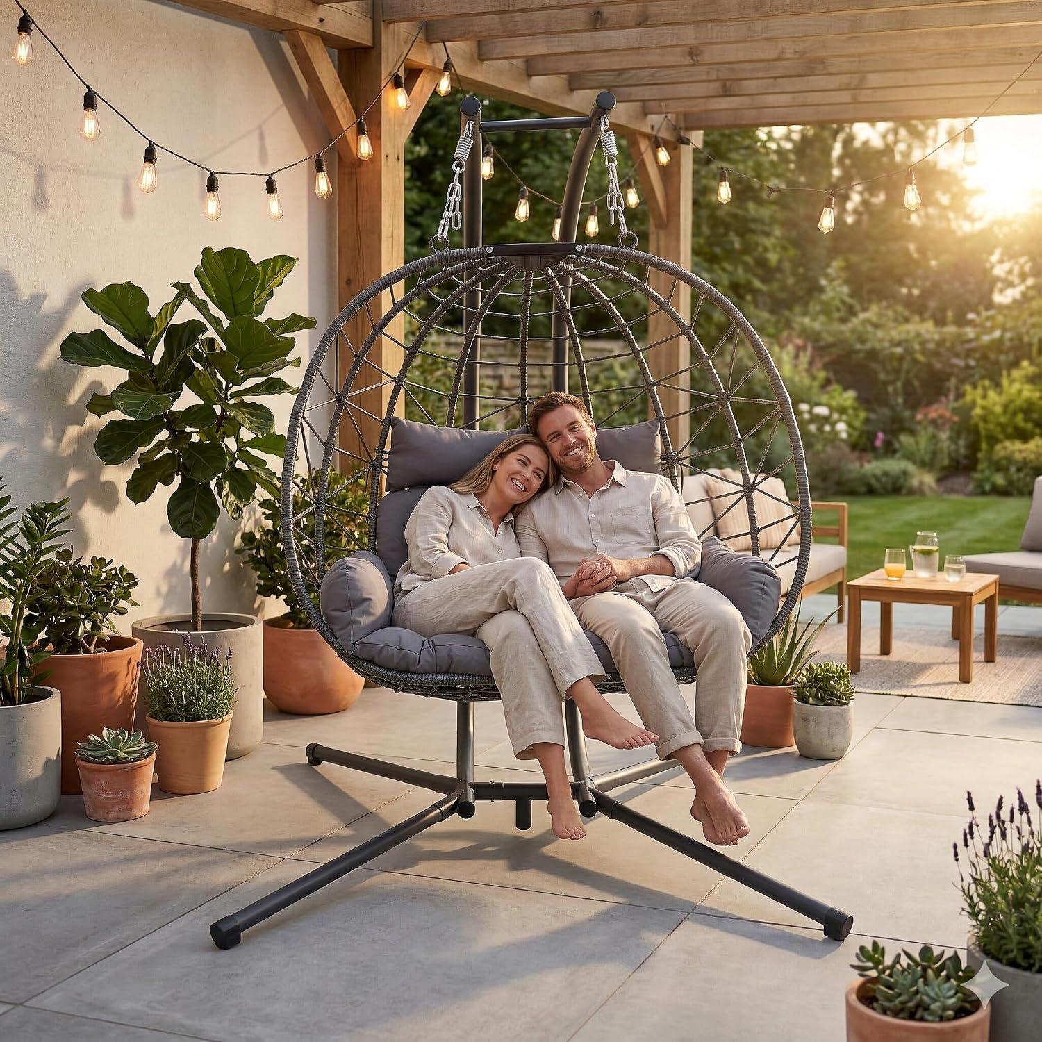 JOYBASE Double Swing Egg Chair with Stand, 2-Person Hanging Egg Chair Wicker Rattan Oversized Swinging Chair for Outdoor Indoor Garden Patio (Light Grey)