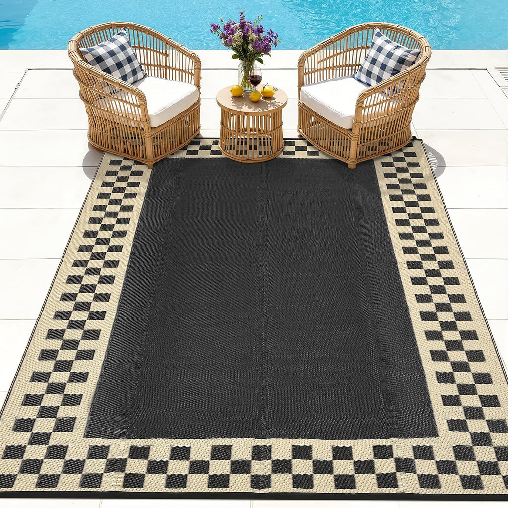 GAOMON Patio Modern Checkered Outdoor Rug 10x14 Waterproof Large Reversible Camping Mat Foldable Lightweight Plastic Straw Outdoor Rug for Deck, Picnic, Porch, Camper, Balcony, Beach, Rv, Black