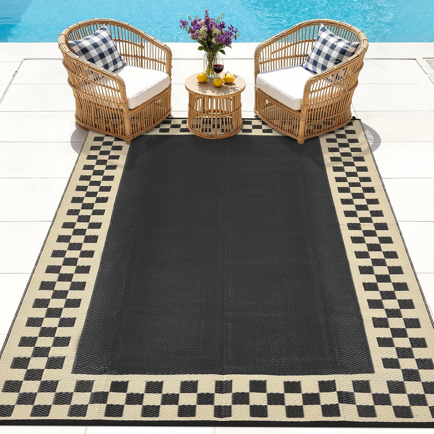 GAOMON Patio Modern Checkered Outdoor Rug 10x14 Waterproof Large Reversible Camping Mat Foldable Lightweight Plastic Straw Outdoor Rug for Deck, Picnic, Porch, Camper, Balcony, Beach, Rv, Black